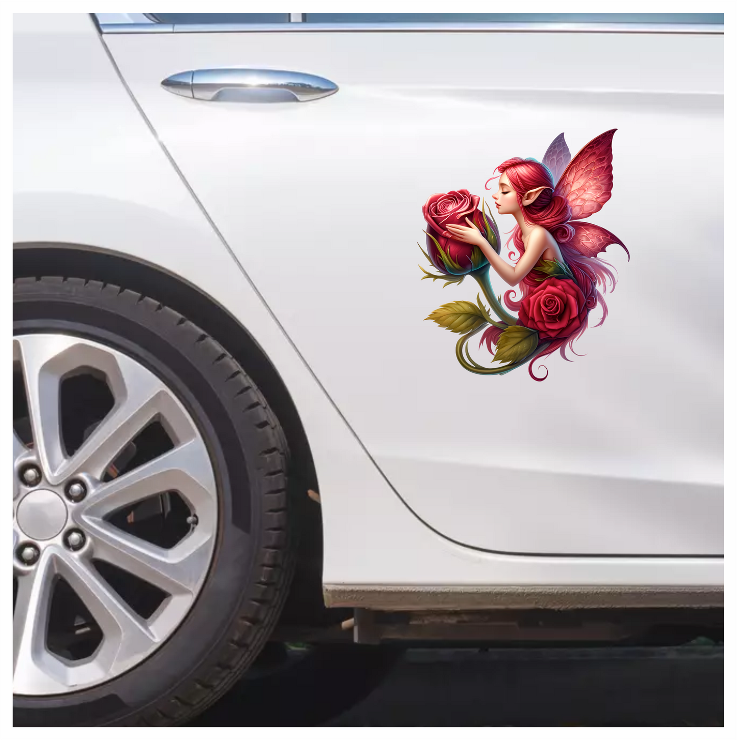 Pink Fairy Hugging Red Rose Vinyl Sticker Decal