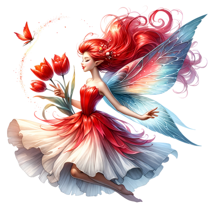 Red Fairy Holding Tulips Flying Butterfly Vinyl Sticker Decal