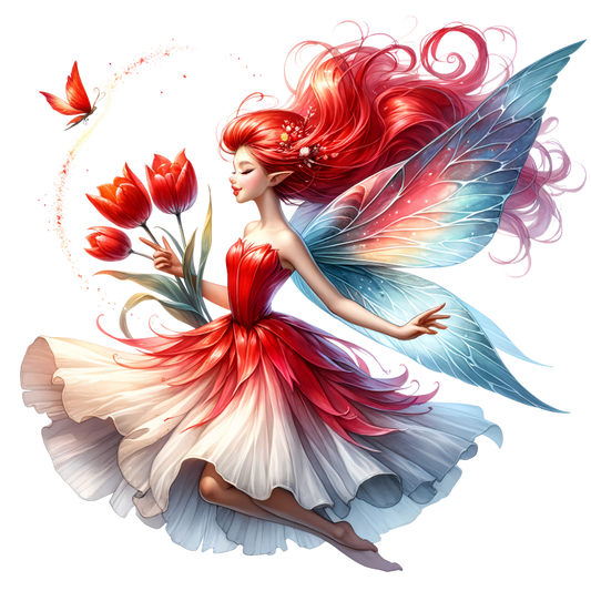 Red Fairy Holding Tulips Flying Butterfly Vinyl Sticker Decal