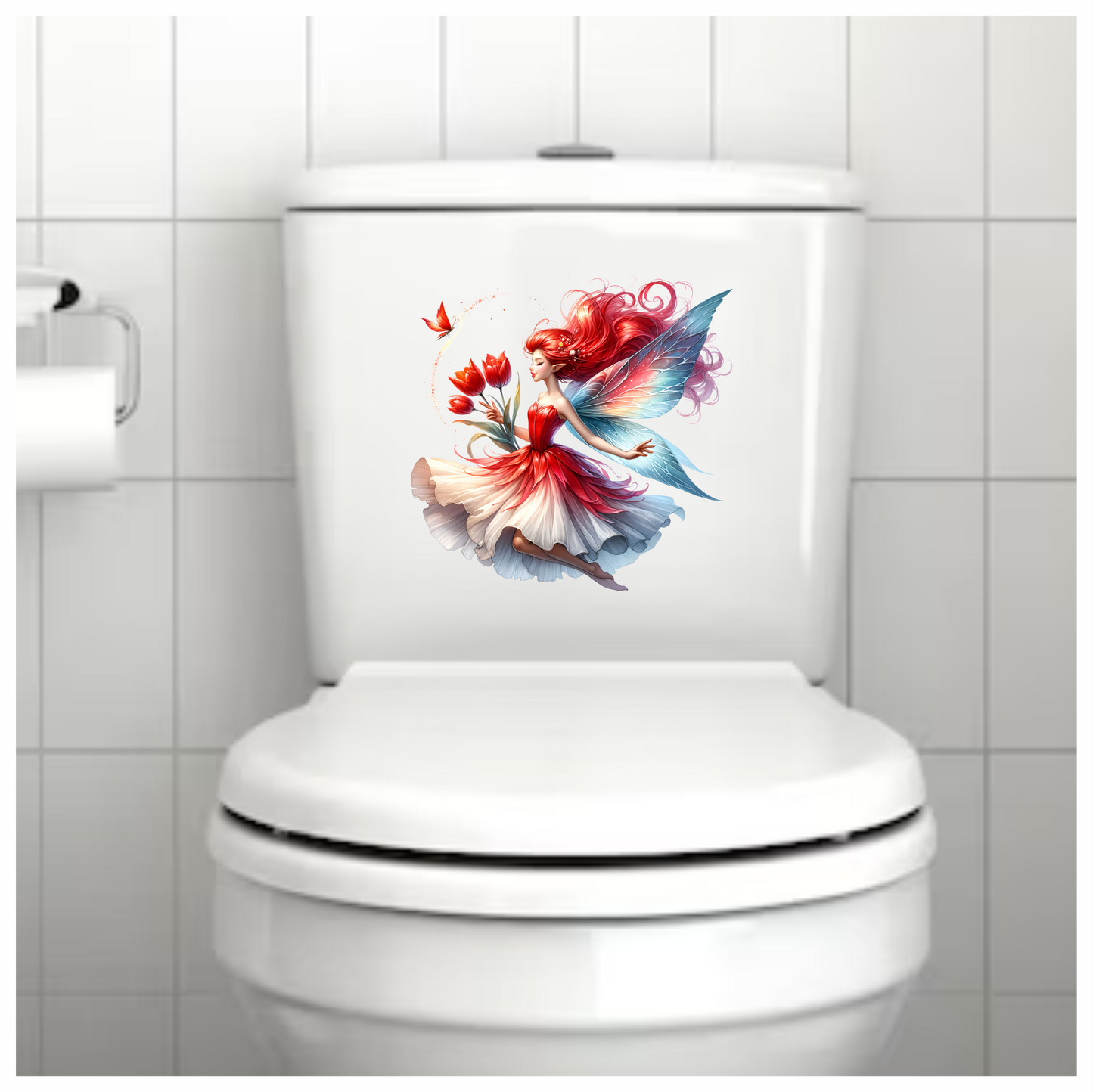 Red Fairy Holding Tulips Flying Butterfly Vinyl Sticker Decal