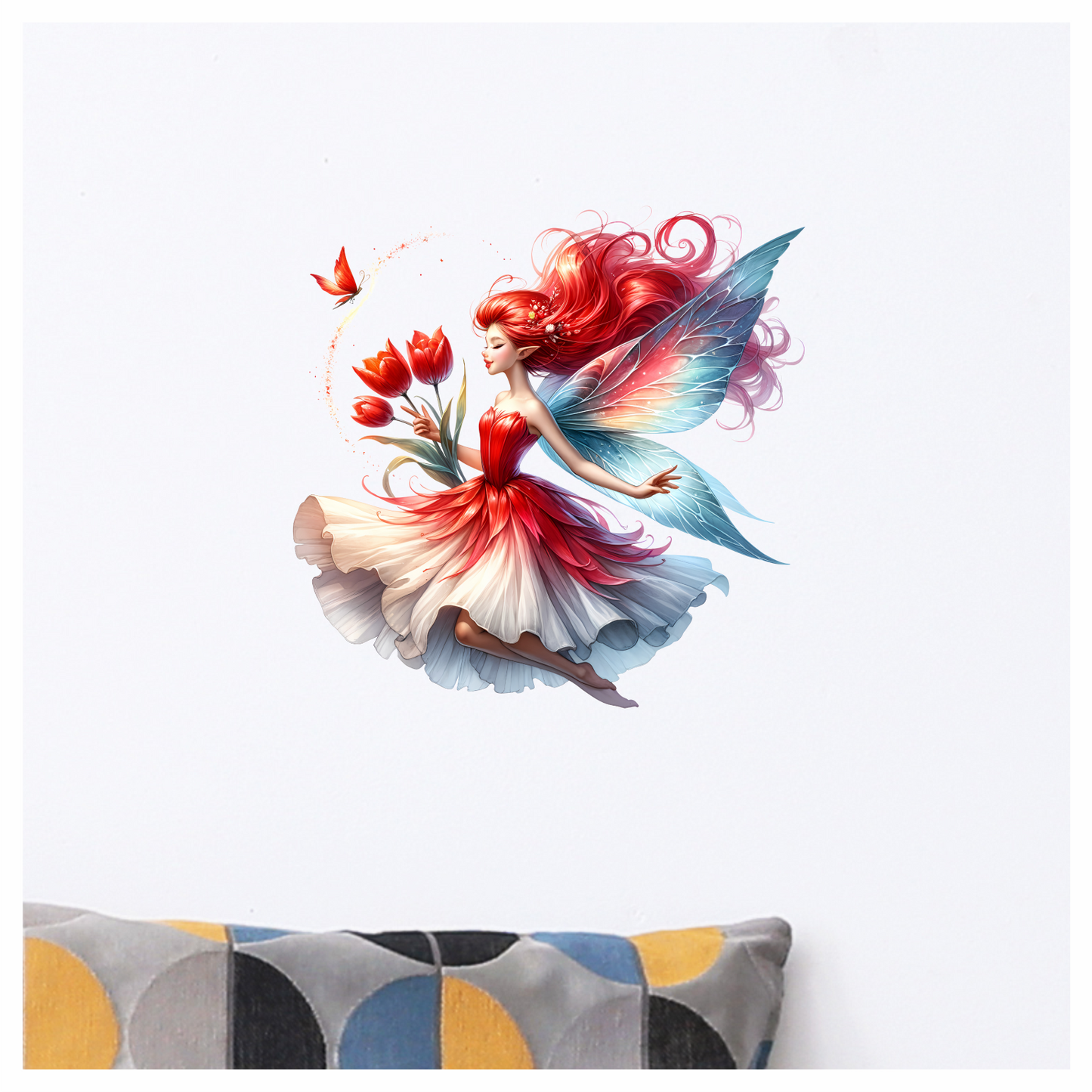 Red Fairy Holding Tulips Flying Butterfly Vinyl Sticker Decal