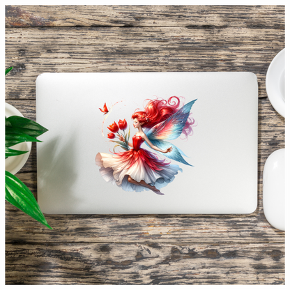 Red Fairy Holding Tulips Flying Butterfly Vinyl Sticker Decal