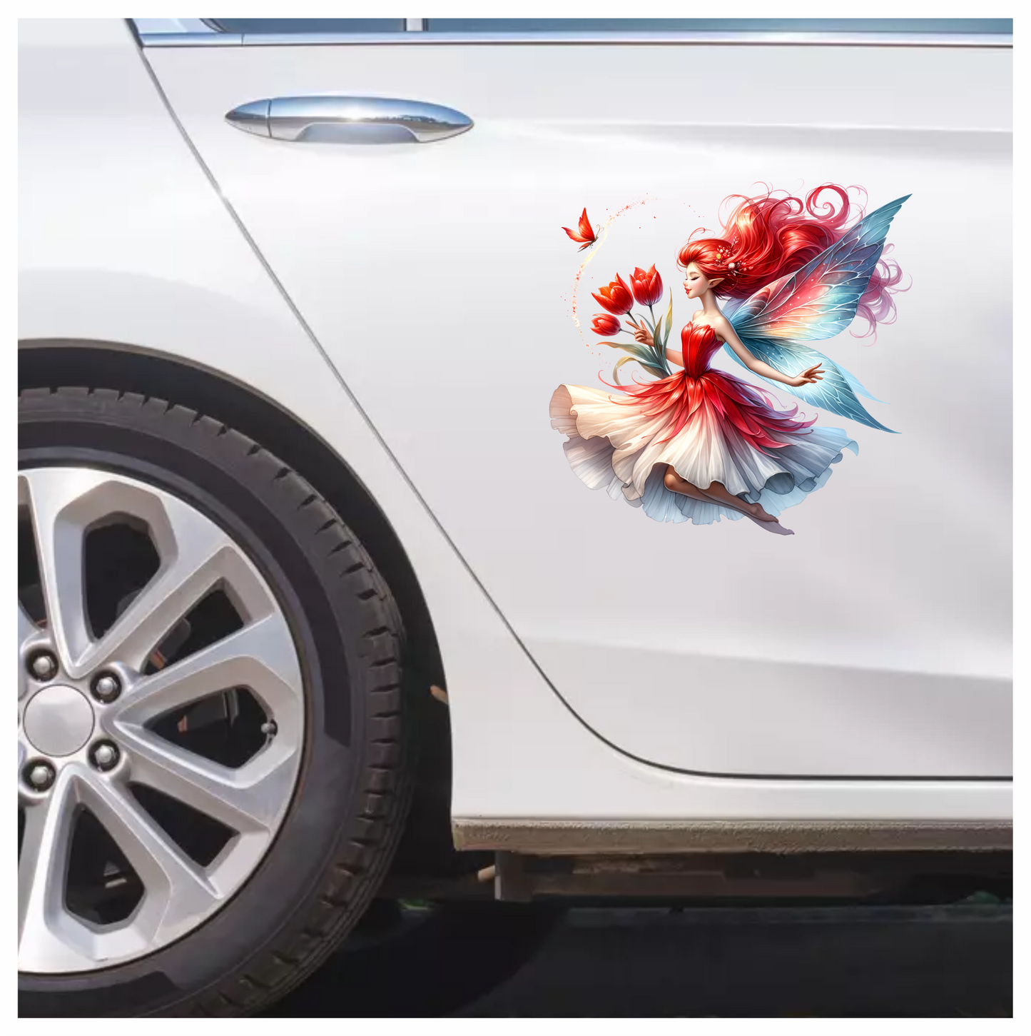 Red Fairy Holding Tulips Flying Butterfly Vinyl Sticker Decal
