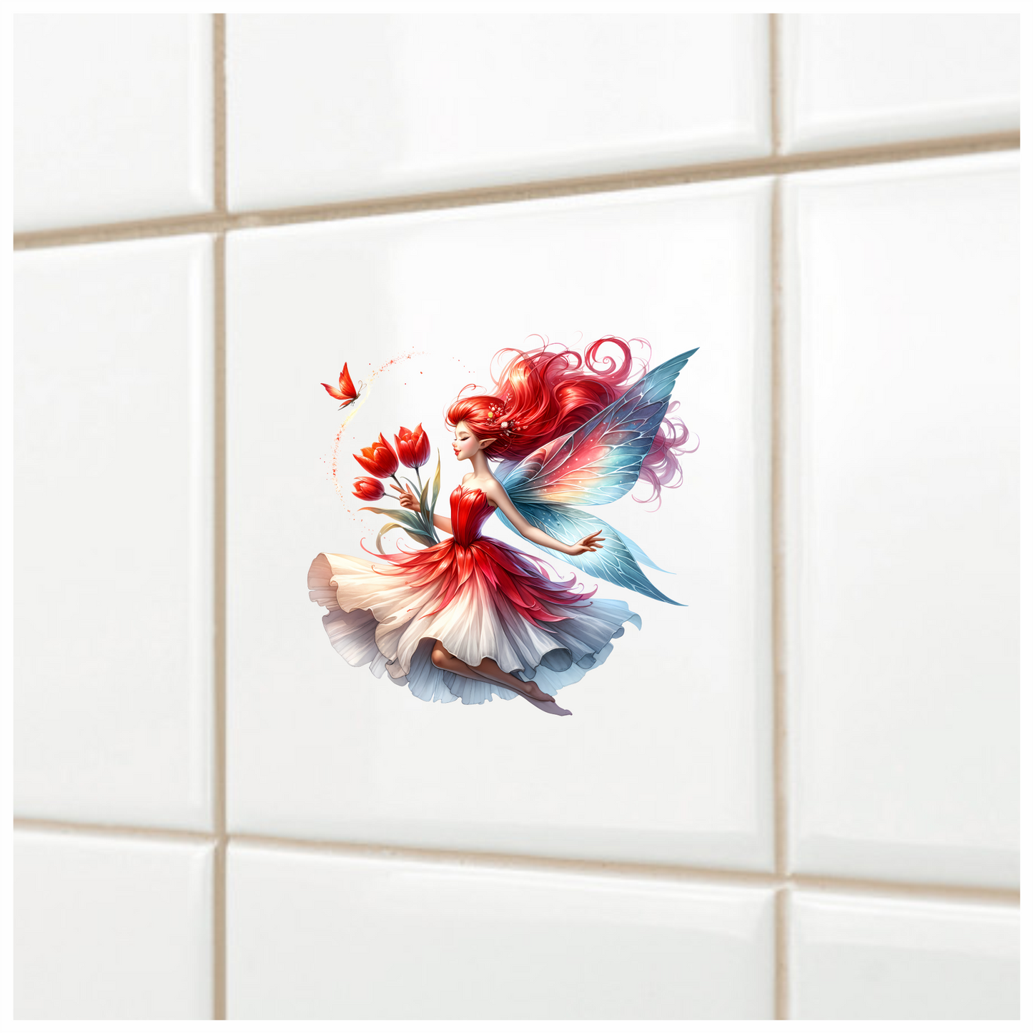Red Fairy Holding Tulips Flying Butterfly Vinyl Sticker Decal