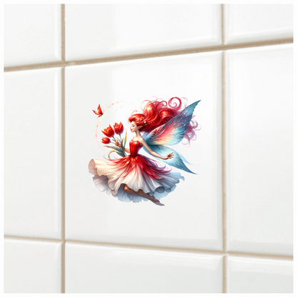 Red Fairy Holding Tulips Flying Butterfly Vinyl Sticker Decal