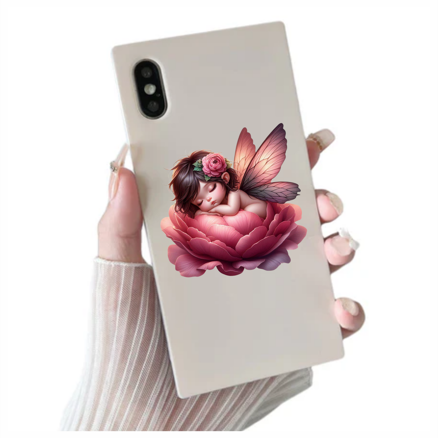 Sleeping Baby Fairy Pink Flower Vinyl Sticker Decal