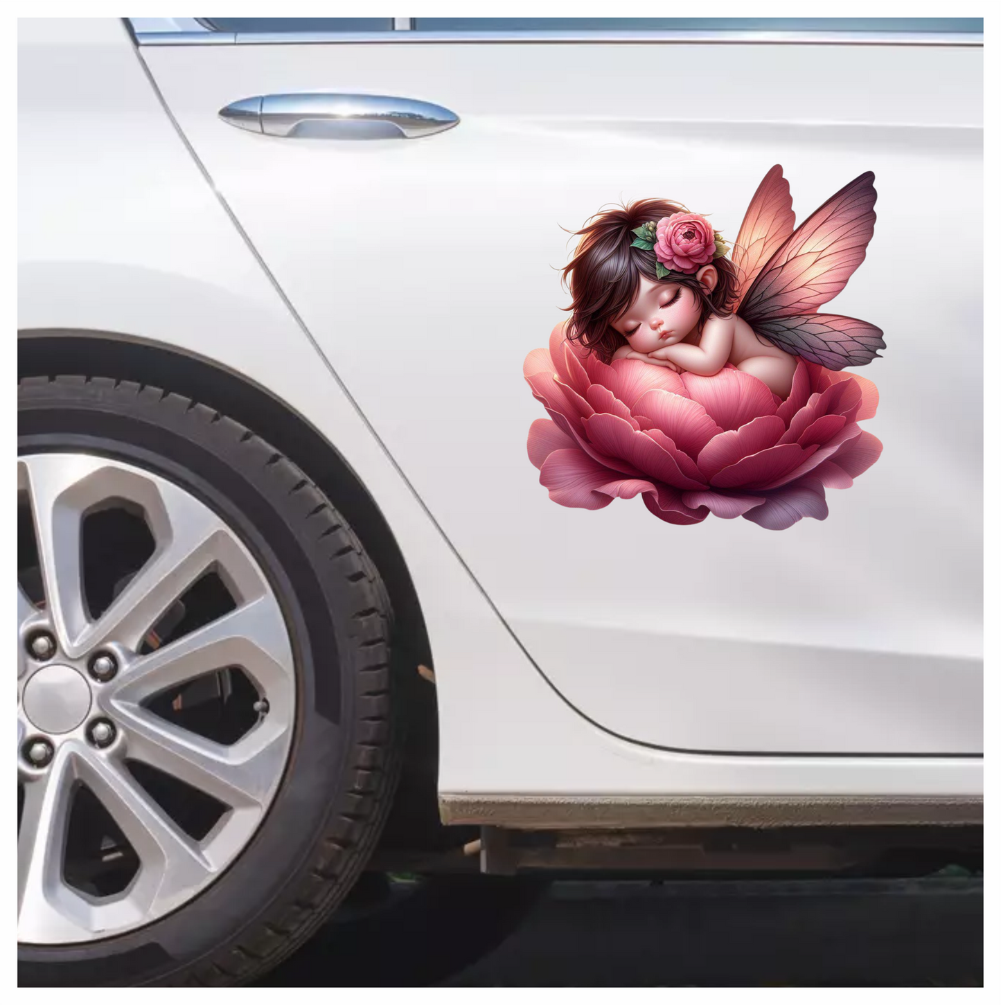 Sleeping Baby Fairy Pink Flower Vinyl Sticker Decal