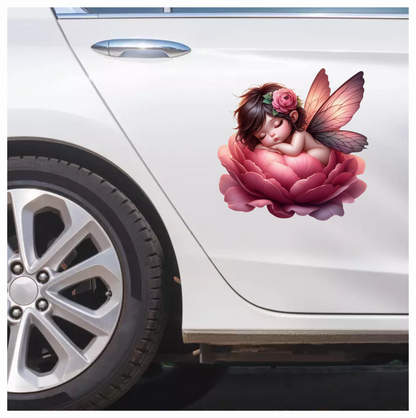 Sleeping Baby Fairy Pink Flower Vinyl Sticker Decal