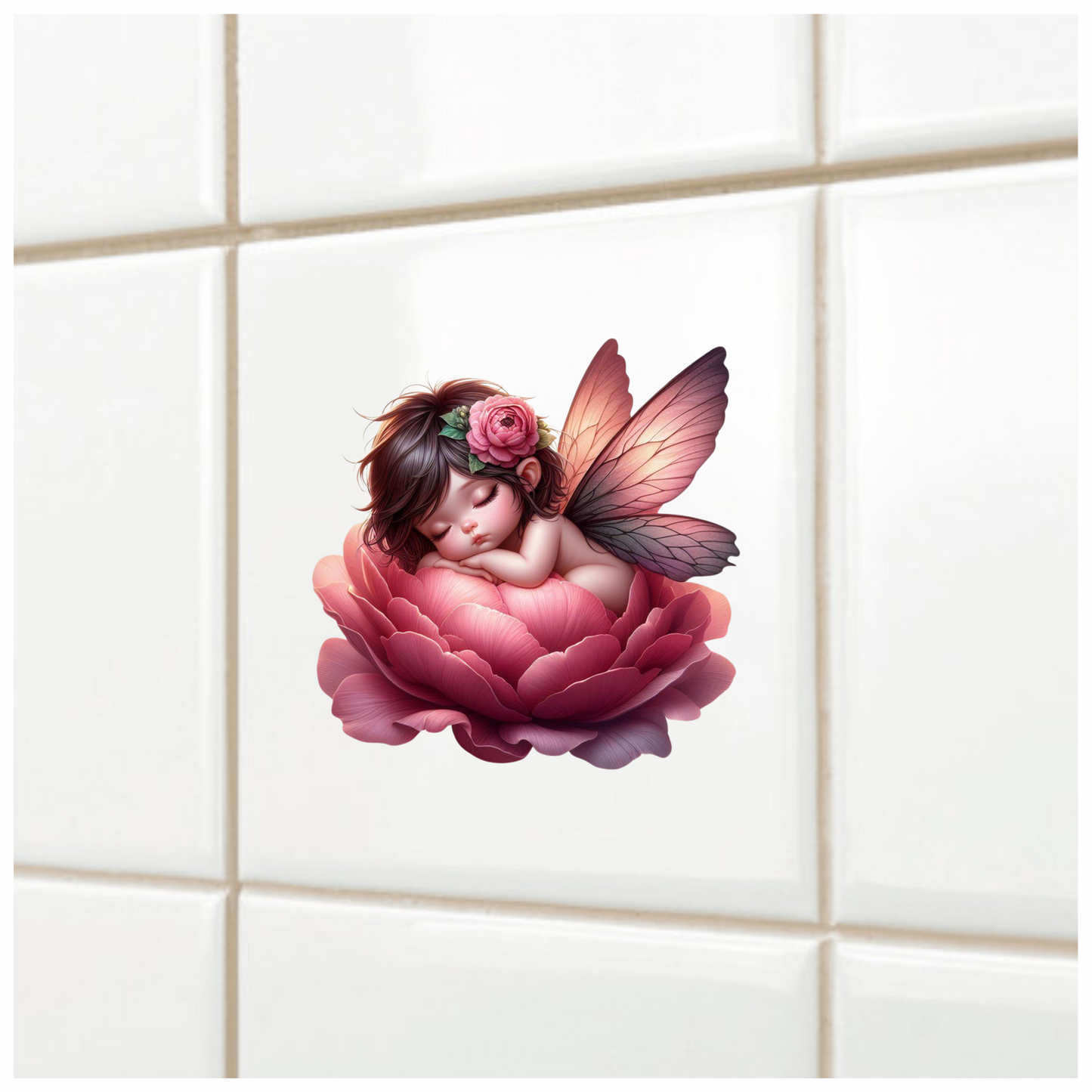 Sleeping Baby Fairy Pink Flower Vinyl Sticker Decal