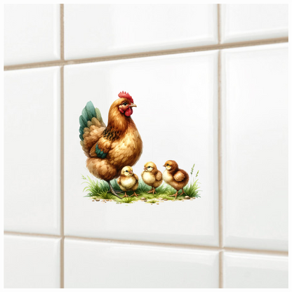Brown Hen Three Yellow Chicks Vinyl Sticker Decal