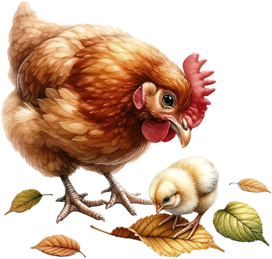 Brown Hen Yellow Chick Autumn Leaves Vinyl Sticker Decal