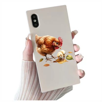 Brown Hen Yellow Chick Autumn Leaves Vinyl Sticker Decal