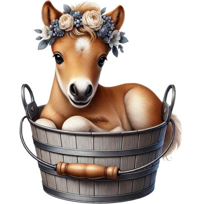 Brown Foal Bucket Flowers Cute Vinyl Sticker Decal