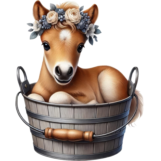 Brown Foal Bucket Flowers Cute Vinyl Sticker Decal