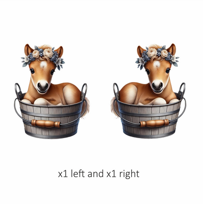 Brown Foal Bucket Flowers Cute Vinyl Sticker Decal