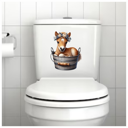 Brown Foal Bucket Flowers Cute Vinyl Sticker Decal