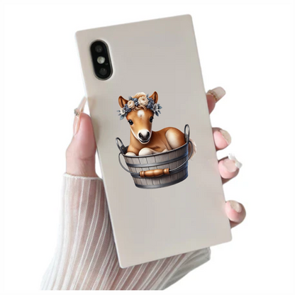 Brown Foal Bucket Flowers Cute Vinyl Sticker Decal