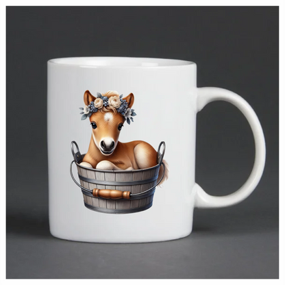 Brown Foal Bucket Flowers Cute Vinyl Sticker Decal