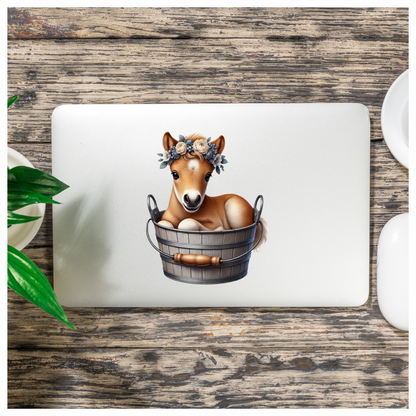 Brown Foal Bucket Flowers Cute Vinyl Sticker Decal