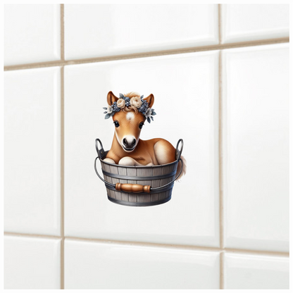 Brown Foal Bucket Flowers Cute Vinyl Sticker Decal