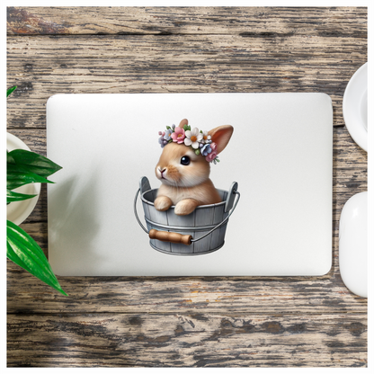 Brown Bunny Bucket Flowers Crown Vinyl Sticker Decal
