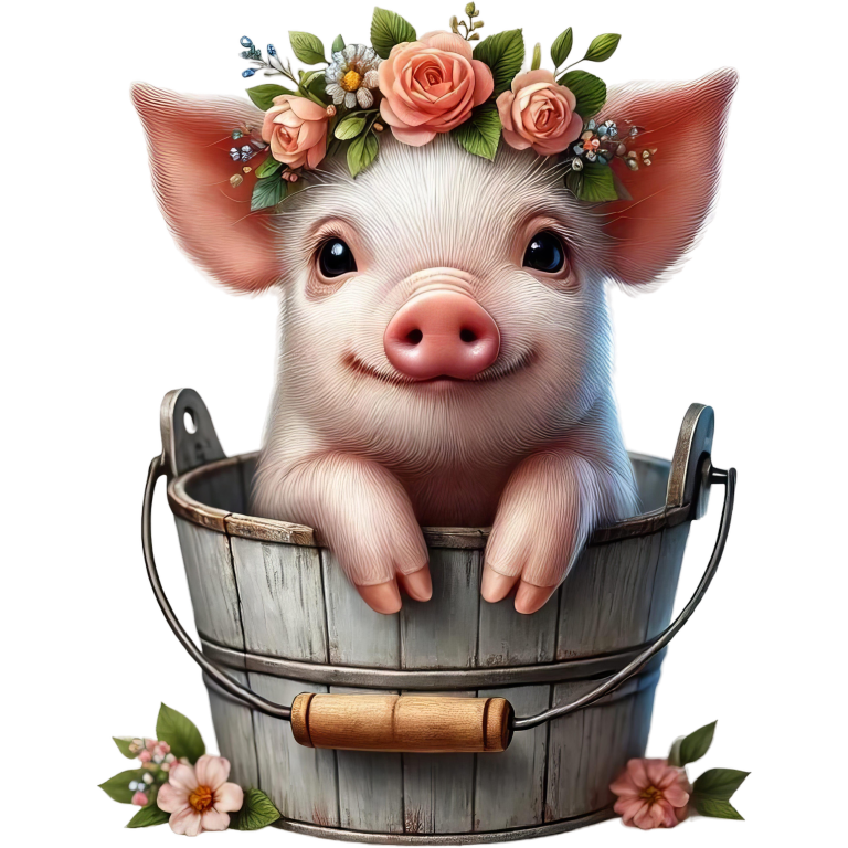 Pink Piglet Flower Bucket Cute Vinyl Sticker Decal