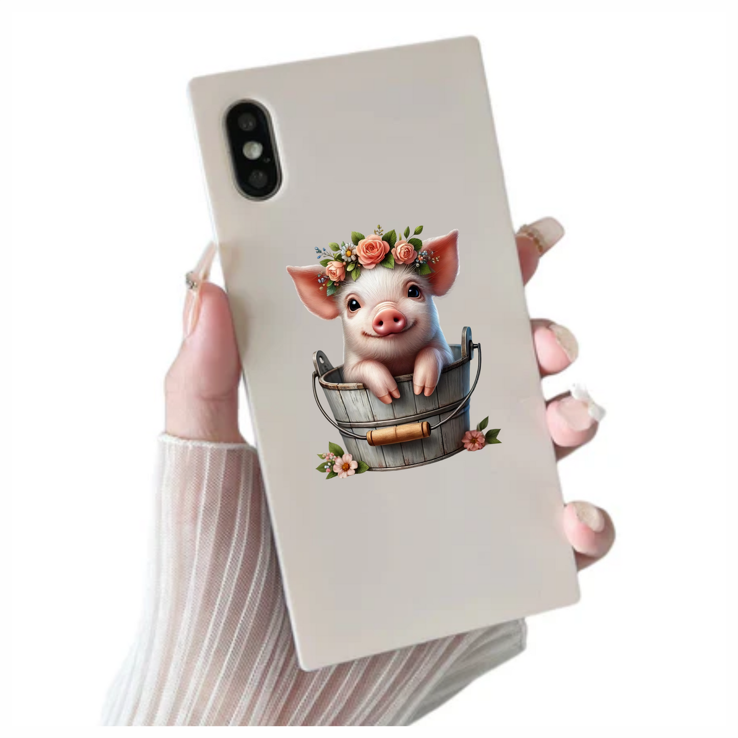 Pink Piglet Flower Bucket Cute Vinyl Sticker Decal