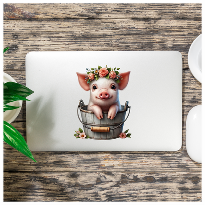 Pink Piglet Flower Bucket Cute Vinyl Sticker Decal