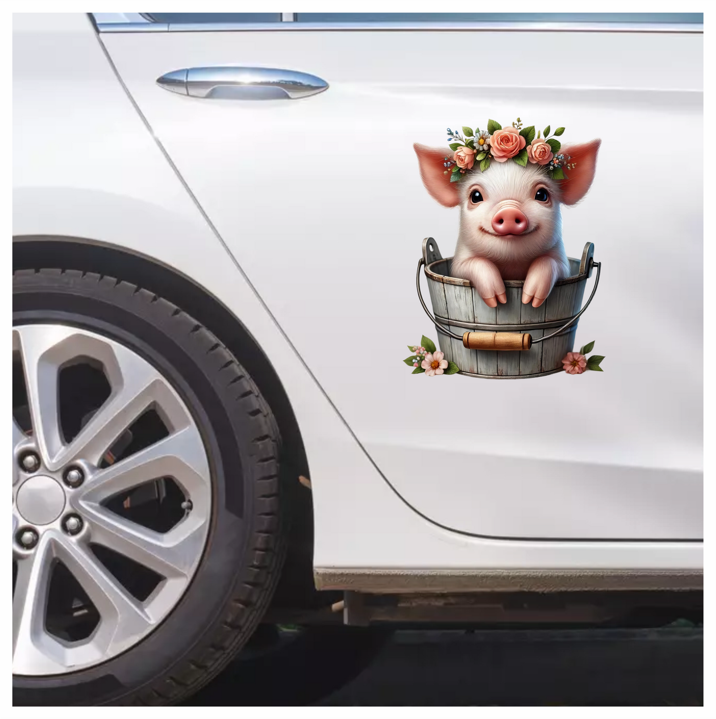 Pink Piglet Flower Bucket Cute Vinyl Sticker Decal