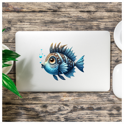 Blue Cartoon Fish With Bubbles Vinyl Sticker Decal