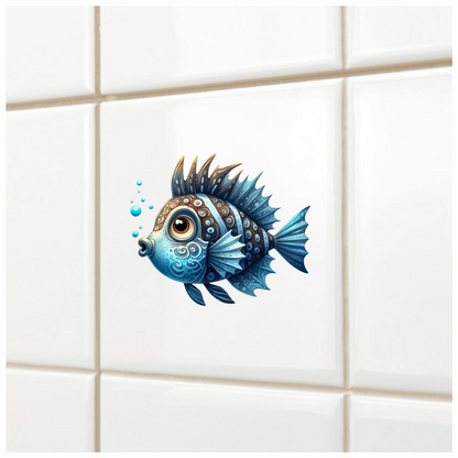 Blue Cartoon Fish With Bubbles Vinyl Sticker Decal