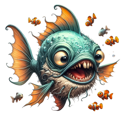 Blue Fish Big Teeth Clownfish Surrounding Vinyl Sticker Decal