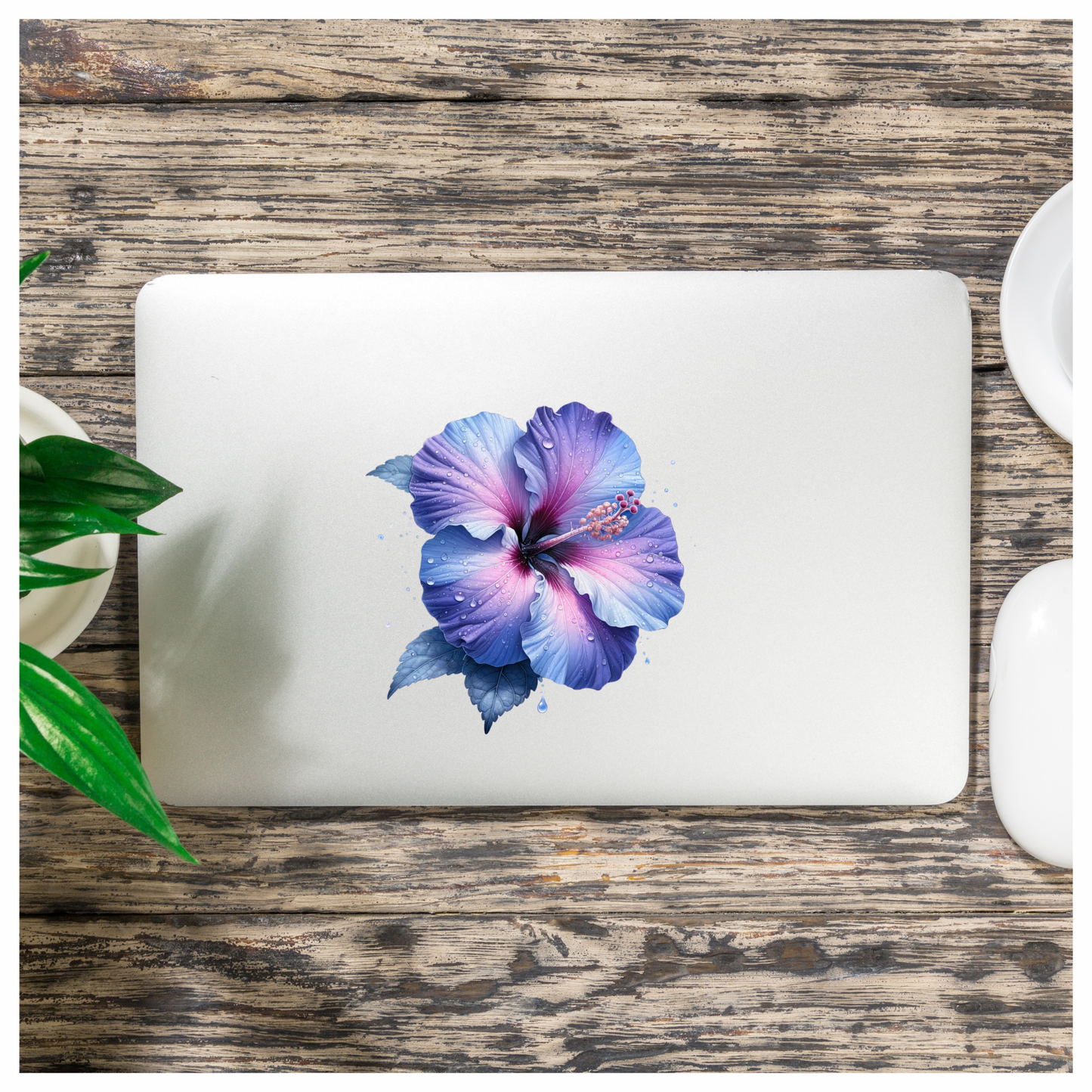 Pink White Hibiscus Flower Leaf Vinyl Sticker Decal