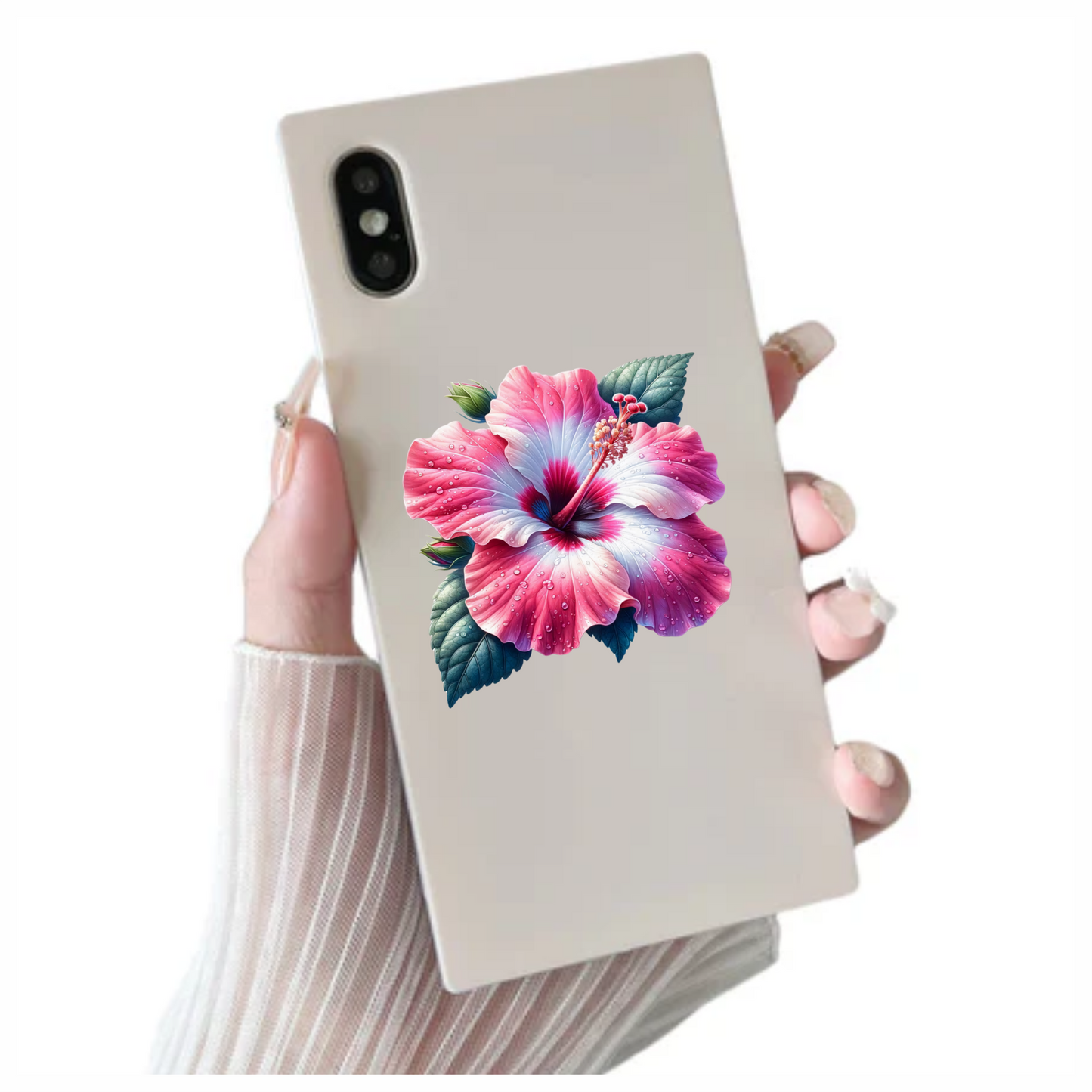 Pink White Hibiscus Flower Leaves Vinyl Sticker Decal