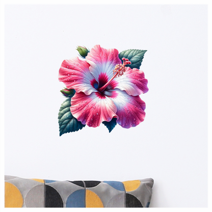 Pink White Hibiscus Flower Leaves Vinyl Sticker Decal