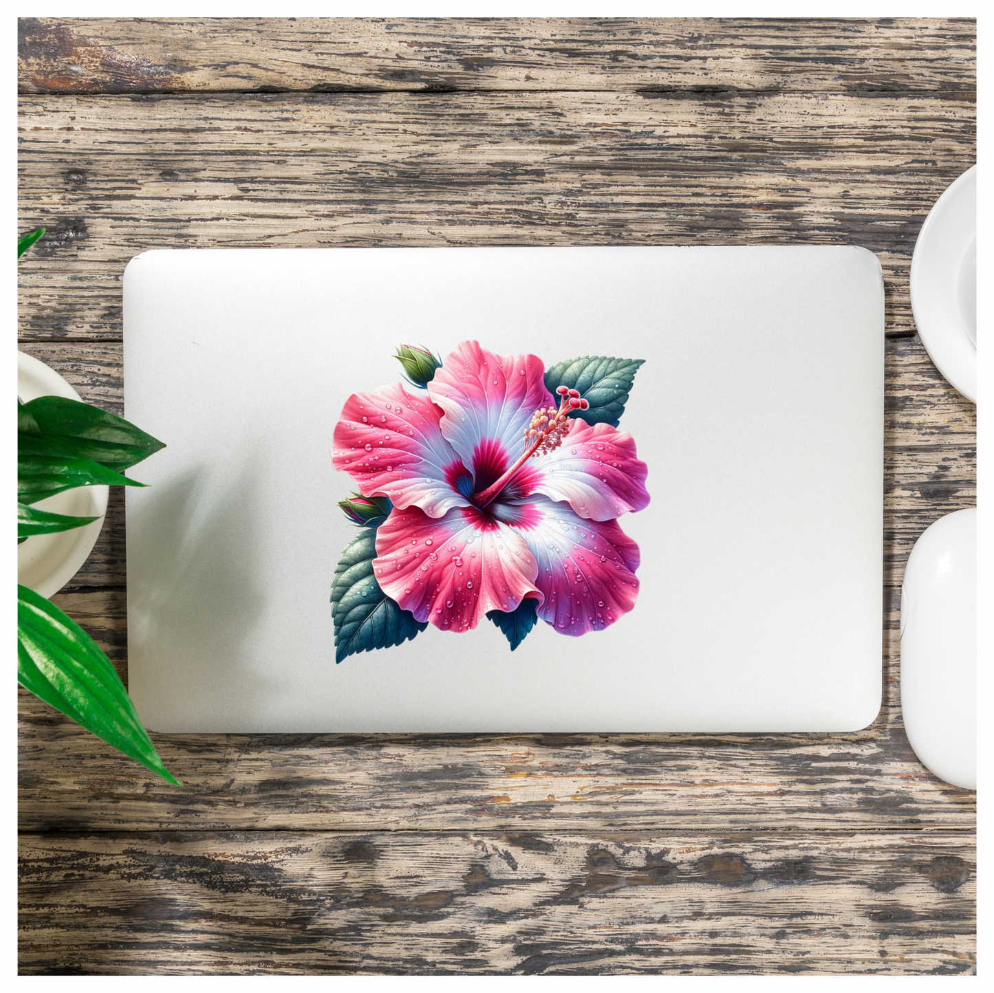 Pink White Hibiscus Flower Leaves Vinyl Sticker Decal