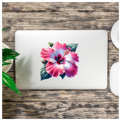 Pink White Hibiscus Flower Leaves Vinyl Sticker Decal