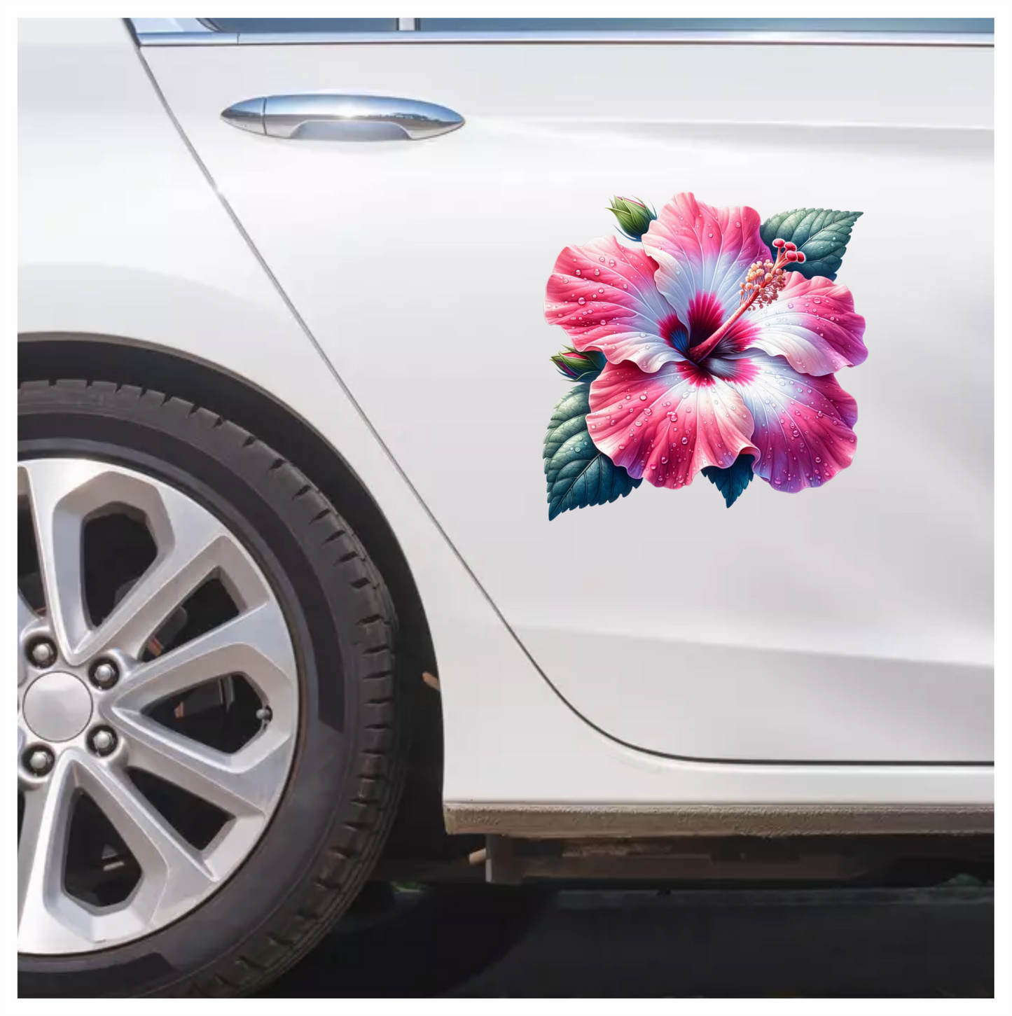 Pink White Hibiscus Flower Leaves Vinyl Sticker Decal
