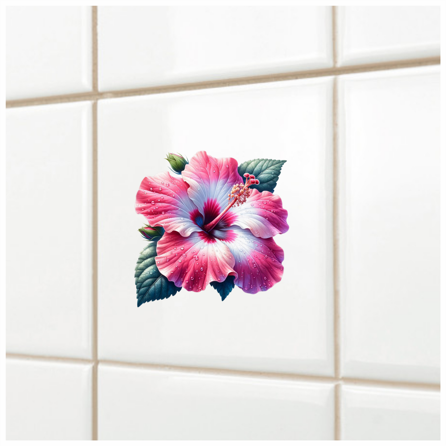 Pink White Hibiscus Flower Leaves Vinyl Sticker Decal
