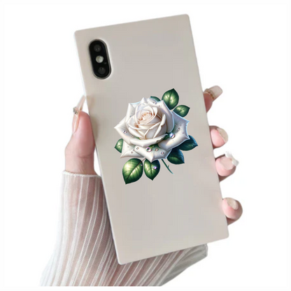 White Rose Green Leaves Water Drops Vinyl Sticker Decal