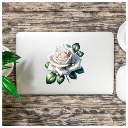 White Rose Green Leaves Water Drops Vinyl Sticker Decal