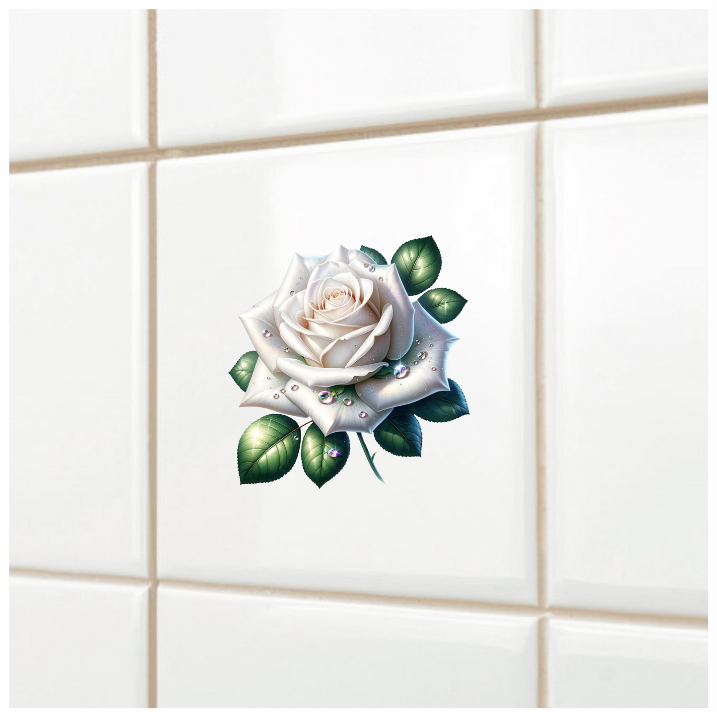 White Rose Green Leaves Water Drops Vinyl Sticker Decal