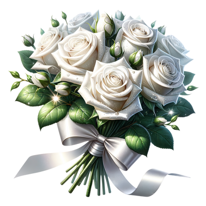 White Roses Bouquet Green Leaves Ribbon Vinyl Sticker Decal