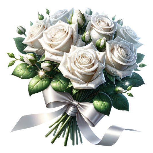 White Roses Bouquet Green Leaves Ribbon Vinyl Sticker Decal