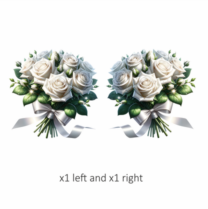 White Roses Bouquet Green Leaves Ribbon Vinyl Sticker Decal