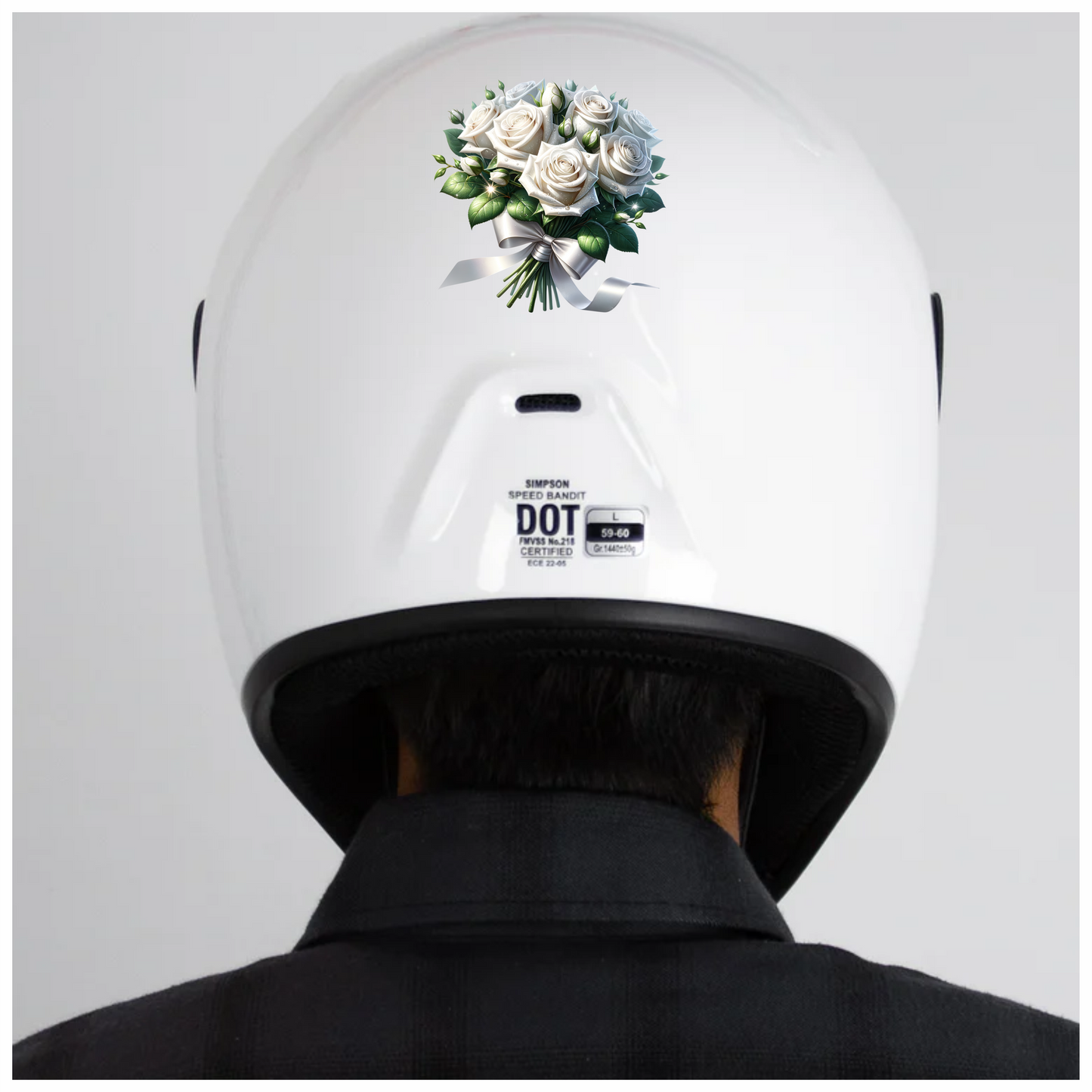 White Roses Bouquet Green Leaves Ribbon Vinyl Sticker Decal