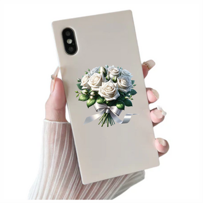 White Roses Bouquet Green Leaves Ribbon Vinyl Sticker Decal