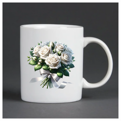 White Roses Bouquet Green Leaves Ribbon Vinyl Sticker Decal