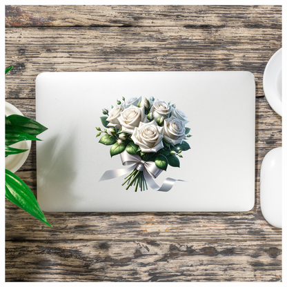 White Roses Bouquet Green Leaves Ribbon Vinyl Sticker Decal