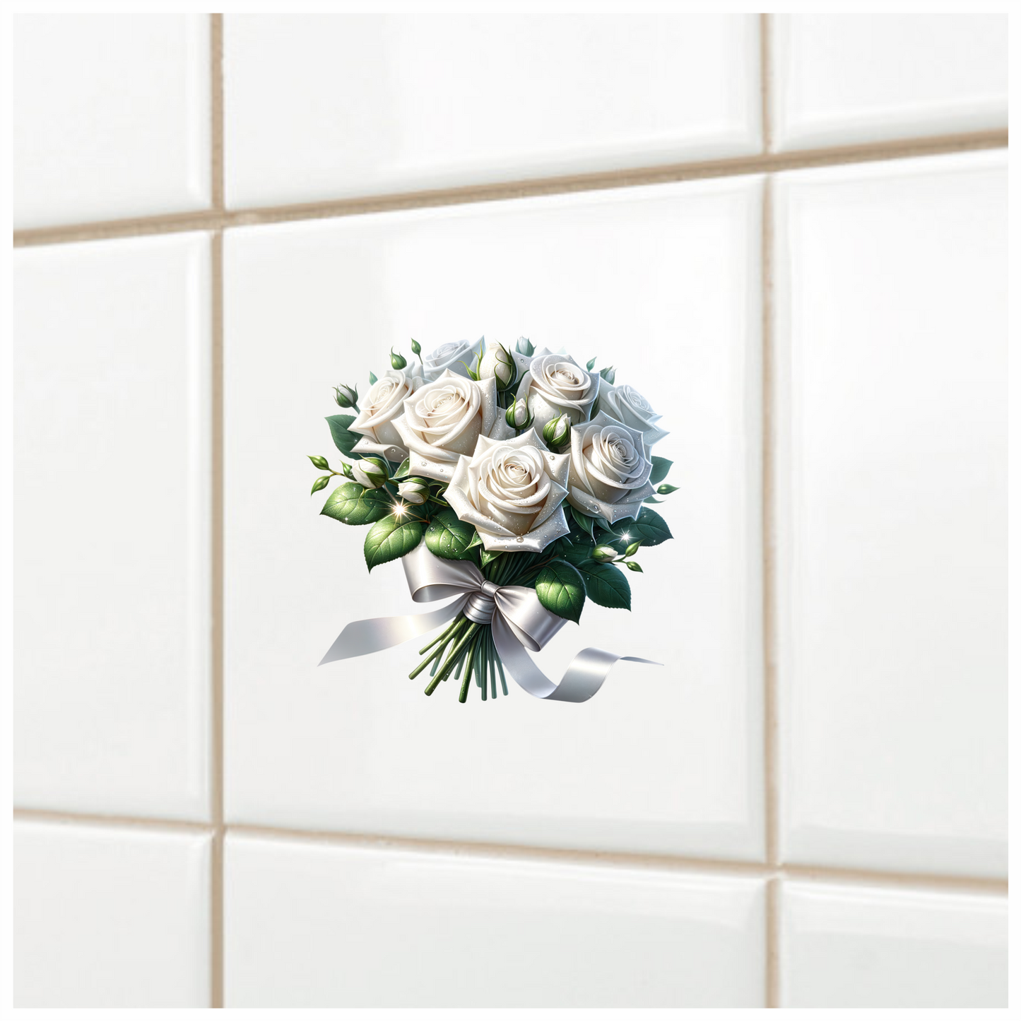 White Roses Bouquet Green Leaves Ribbon Vinyl Sticker Decal